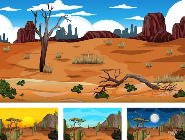 Vettore gratuito diverse scene con il paesaggio della foresta del deserto