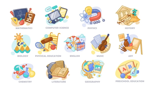 Бесплатное векторное изображение Набор векторных иллюстраций различных школьных предметов