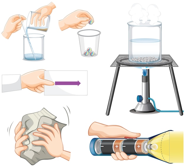 Different science equipments on white background