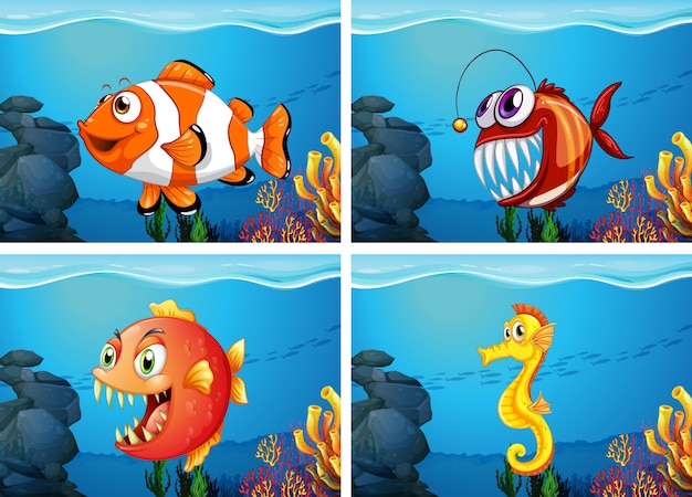 Free vector different sea animals in the sea