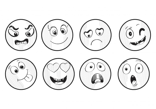 Diversi set di schizzi di smiley disegnati a mano