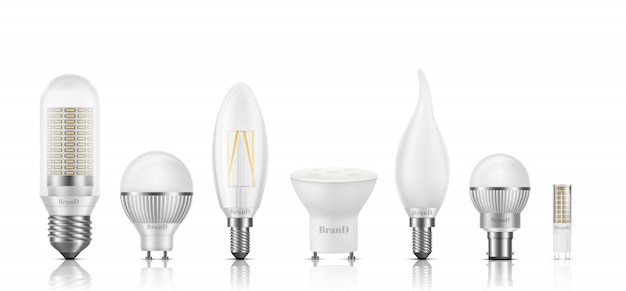 Free vector different shape, size, base and filament types led bulbs 3d realistic  set isolated on white.