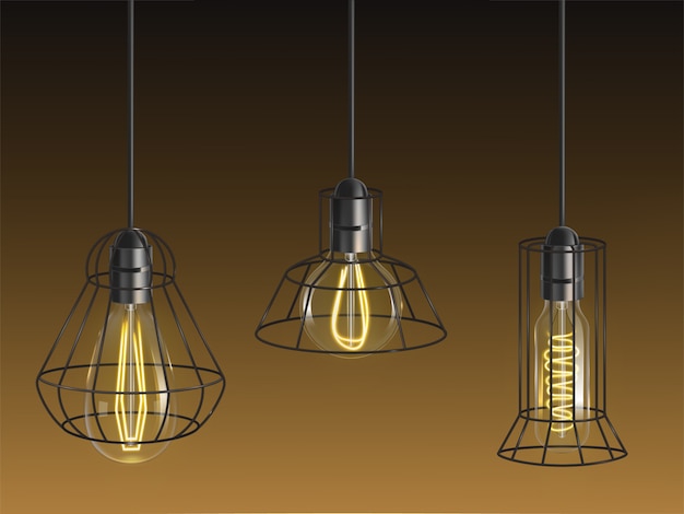 Free vector different shape vintage, incandescent bulbs, retro lamps with heated wire filament