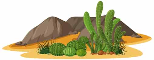 Vettore gratuito diverse forme di cactus in un gruppo con elementi di rocce