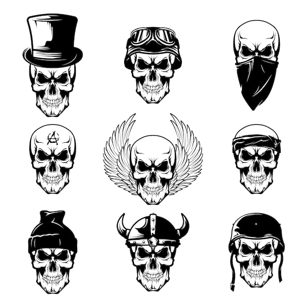 Бесплатное векторное изображение Плоский набор различных черепов татуировки