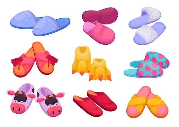 Different slippers for kids and adults illustrations set