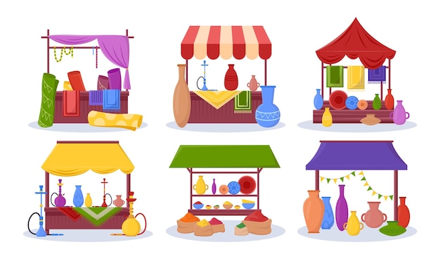 Free vector different souk trade tents vector illustrations set