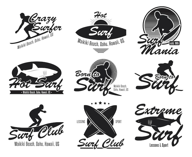 Different surfing club flat emblems set. Black logo or signs with surfboard, surfer, shark, wave vector illustration collection. Summer, travel, Hawaii and design 