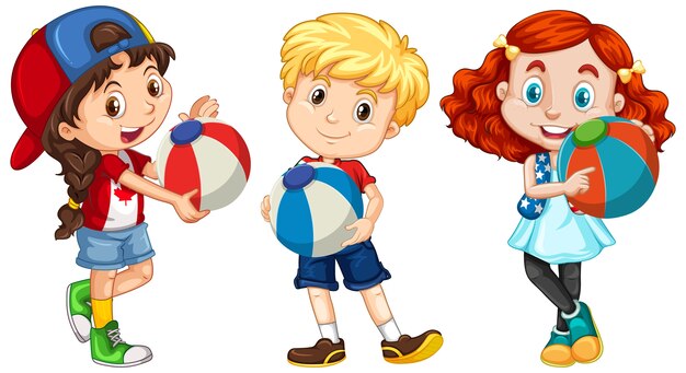 Разные трое детей, держащих красочный мяч