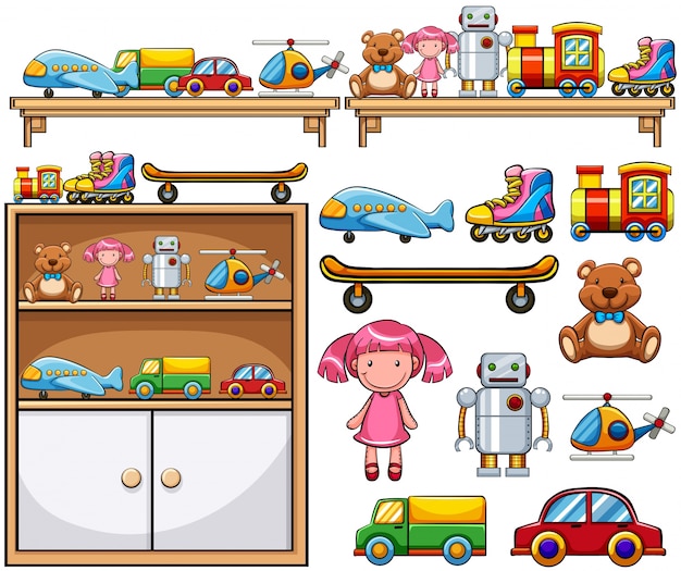 Free vector different toys on the wooden shelves