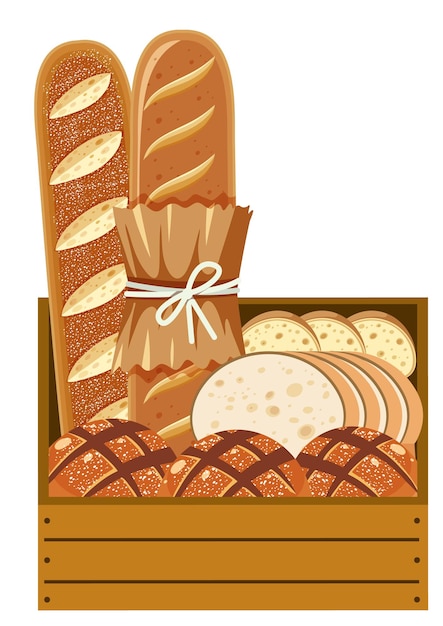 Different types of breads in wooden crate