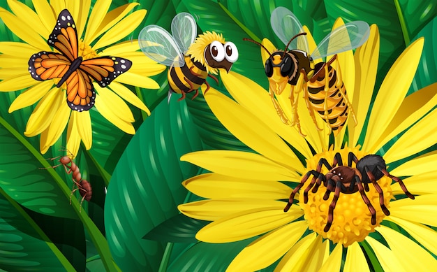 Different types of bugs flying around yellow flowers