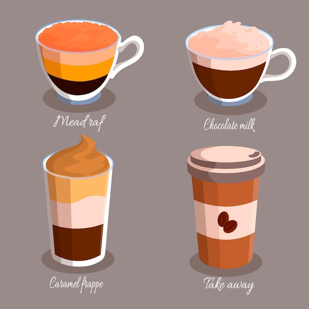 Free vector different types of coffee in cups