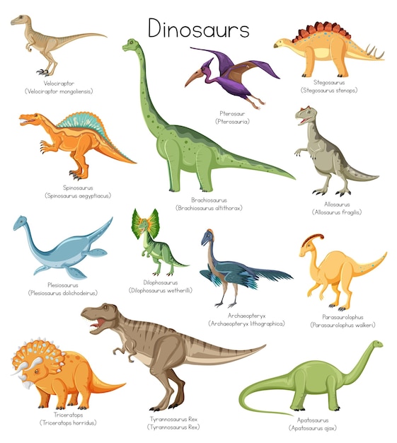 Различные виды динозавров с именами