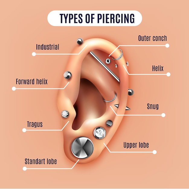 Vettore gratuito diversi tipi di poster realistico piercing all'orecchio con elementi infografici illustrazione vettoriale
