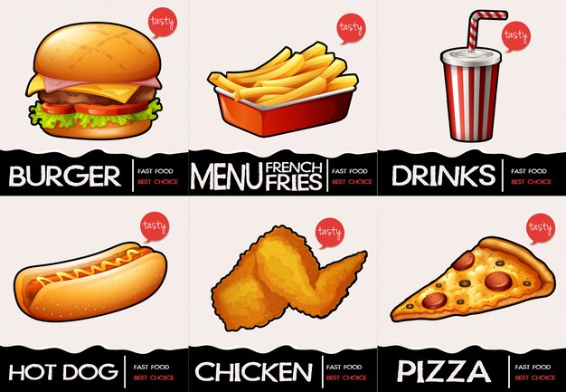 Different types of fastfood on menu
