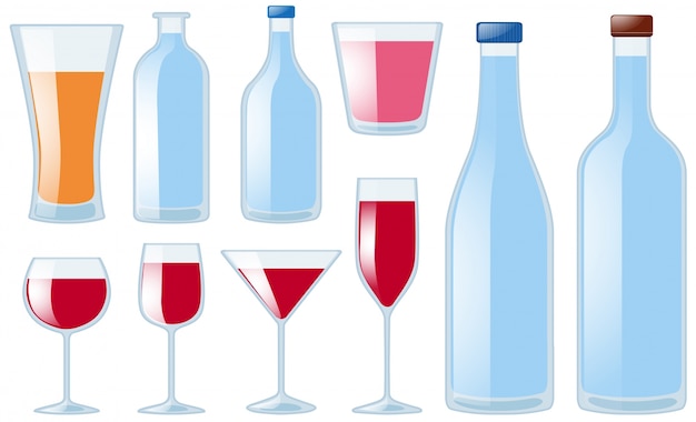 Diversi tipi di bicchieri e bottiglie