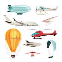 Бесплатное векторное изображение Различные типы бокового вида гражданского воздушного транспорта устанавливают плоскую векторную иллюстрацию