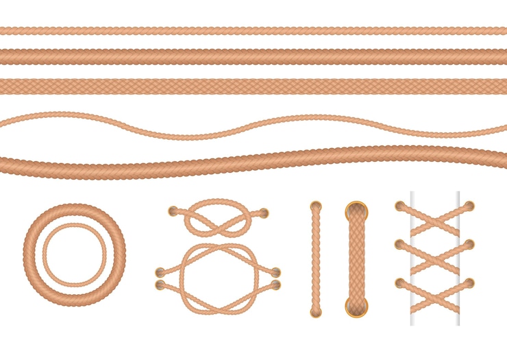 Free Vector different types of rope vector illustrations set. collection of cartoon drawings of marine knots and loops, nautical border isolated on white background. decoration, texture, fashion concept