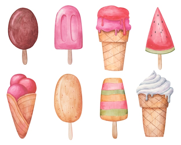 Different types  set of ice cream  on a wooden leg and in a glass  illustration on a white background