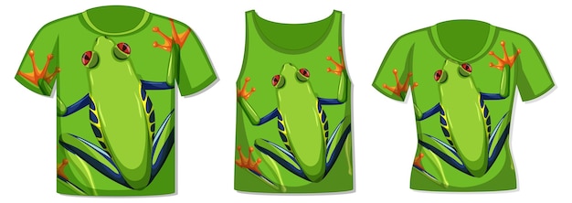 Different types of tops with green frog pattern