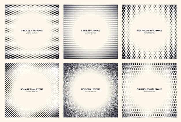 Different variations halftone circle frame set vector abstract geometric patterns isolated on white background. various half tone texture collection circles lines noise squares hexagons triangles Premium Vector