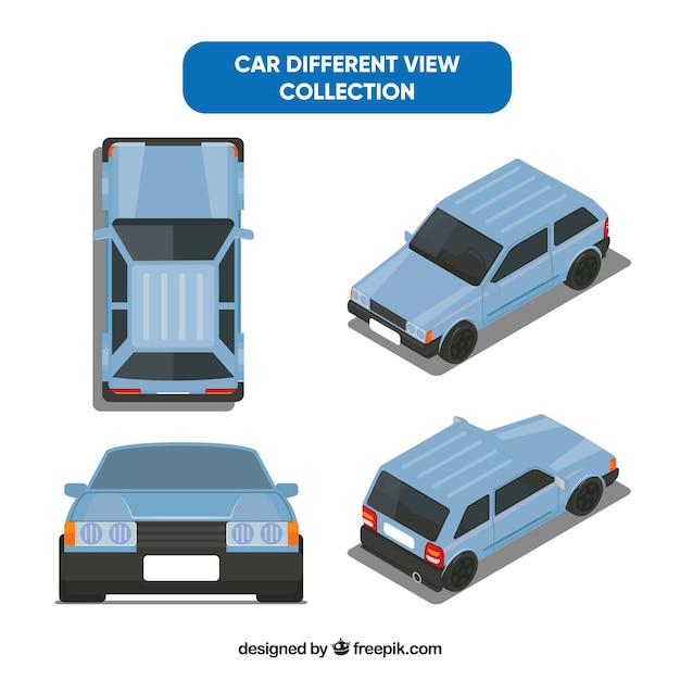 Different views of old blue car