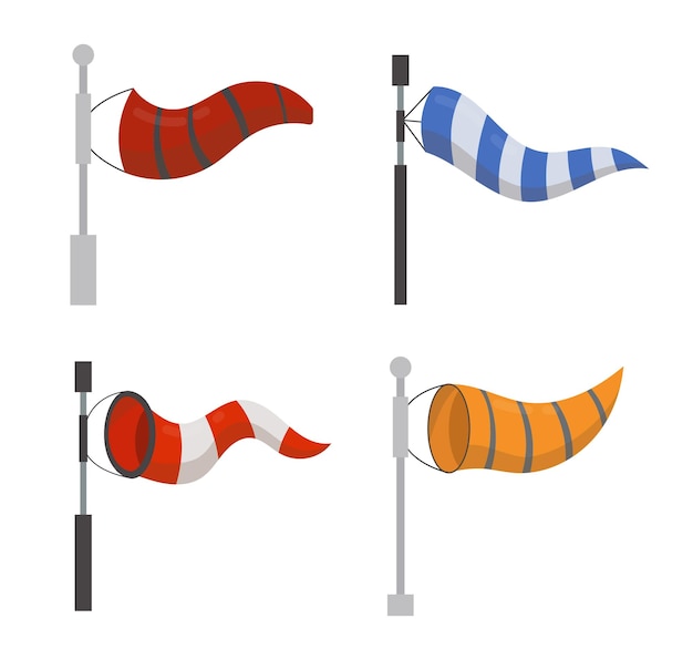 Different windsocks cartoon illustration set. Striped air sleeve or cone for indicating wind direction and velocity or speed on white background. Weather, meteorology, indicator, warning concept