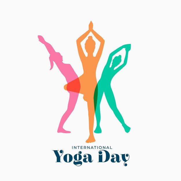 Different yoga poses in colorful women silhouette for yoga day