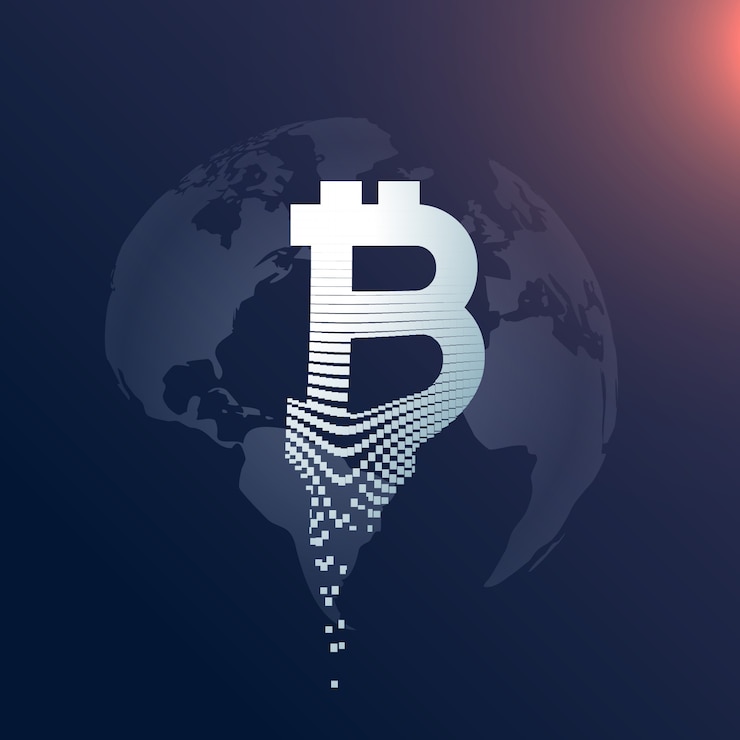 Бесплатный Вектор цифровой дизайн биткойнов с символом карты мира
