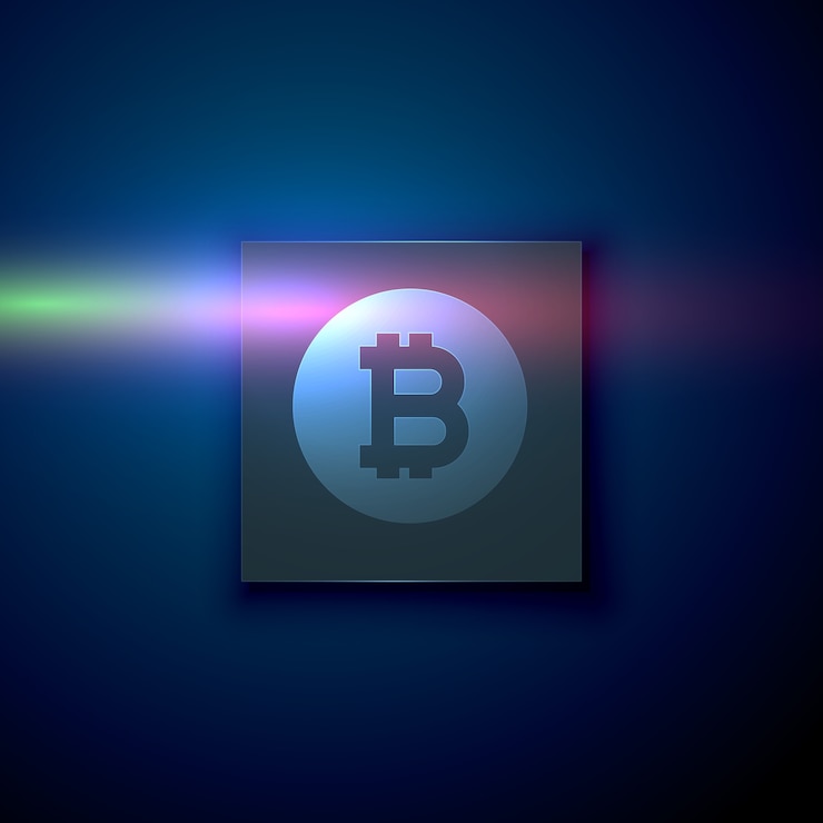 Free Vector digital bitcoin symbol on dark blue technology background