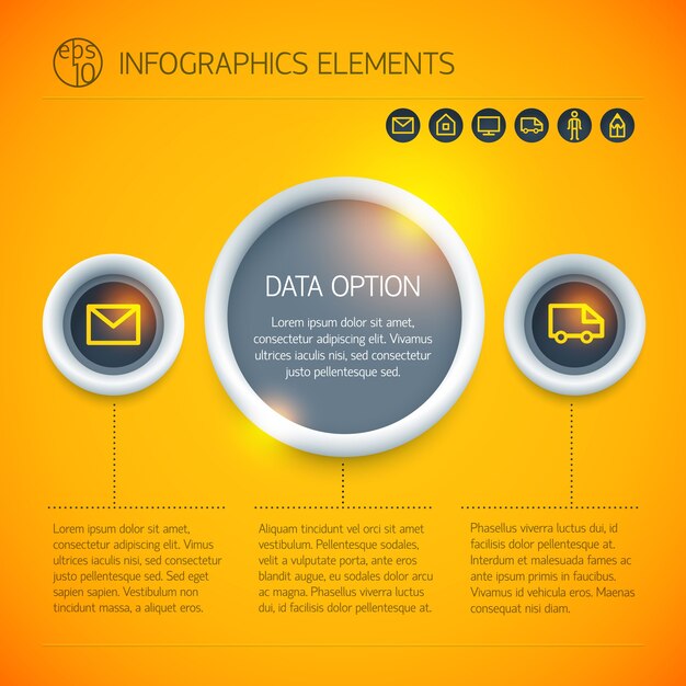 Digital business infographic concept with circles text envelope truck icons on bright orange background isolated