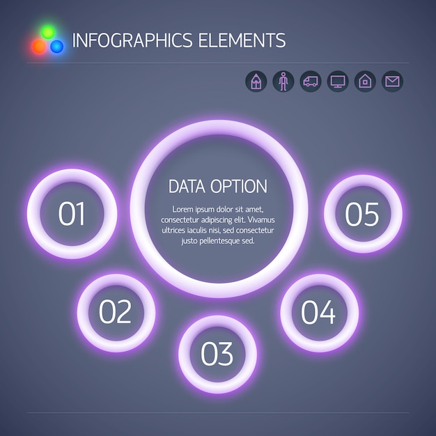 Digital business infographic template with purple neon glowing circles five options text and icons isolated