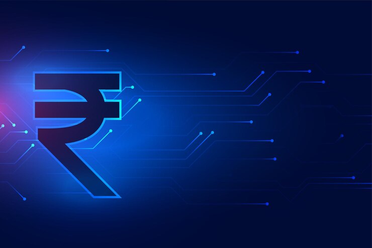 मुफ़्त वेक्टर digital currency indain rupee symbol background with circuit lines