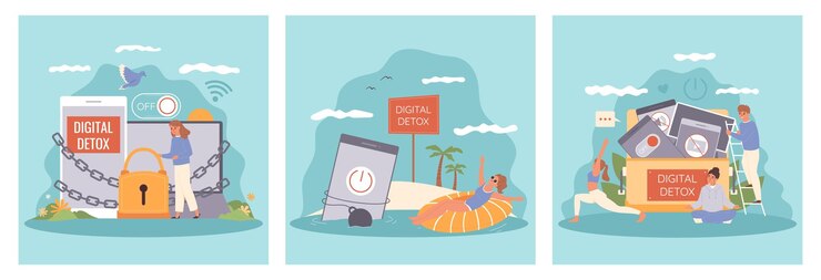 Free Vector digital detox flat square illustrations with people relaxing in nature isolated vector illustration
