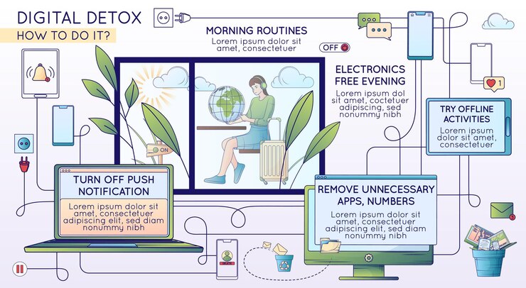 Free Vector digital detoxing flat line composition with editable text tips for getting rid of social media activities vector illustration