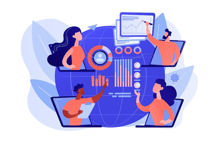 Free Vector digital education, internet conference. online tech talks, technical topics presentations, tech webinars, live technology demonstration concept. pinkish coral bluevector isolated illustration
