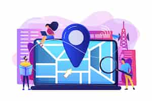 Free vector digital gps application for smartphones. geotag sign on city map. local search optimization, search engine targeting, local seo strategy concept.