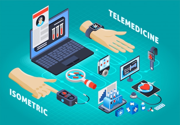 Vettore gratuito composizione isometrica di telemedicina digitale sulla salute
