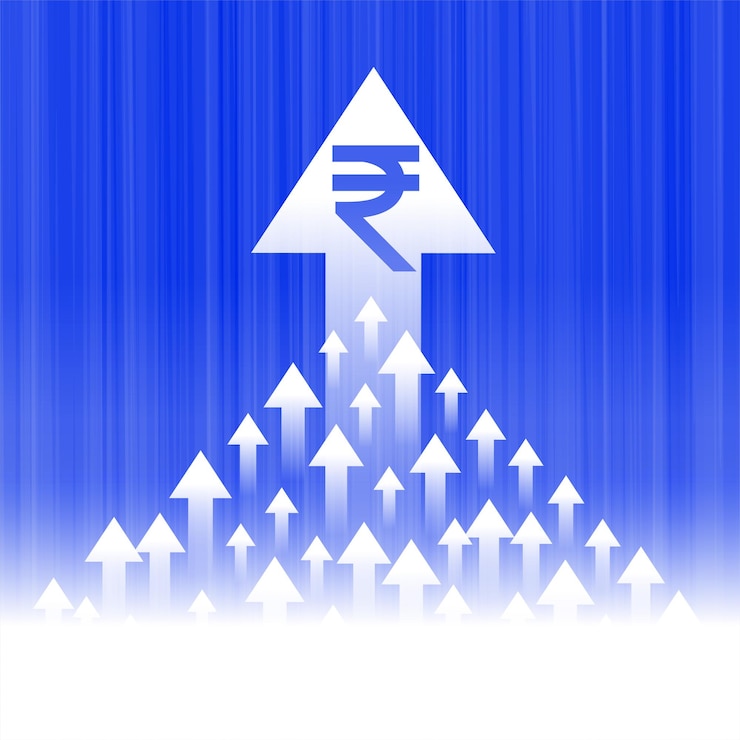 मुफ़्त वेक्टर digital indian rupee rising value with grow up arrow background