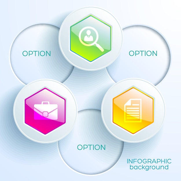 Digital infographic chart template with business icons colorful glossy hexagonal buttons and light circles