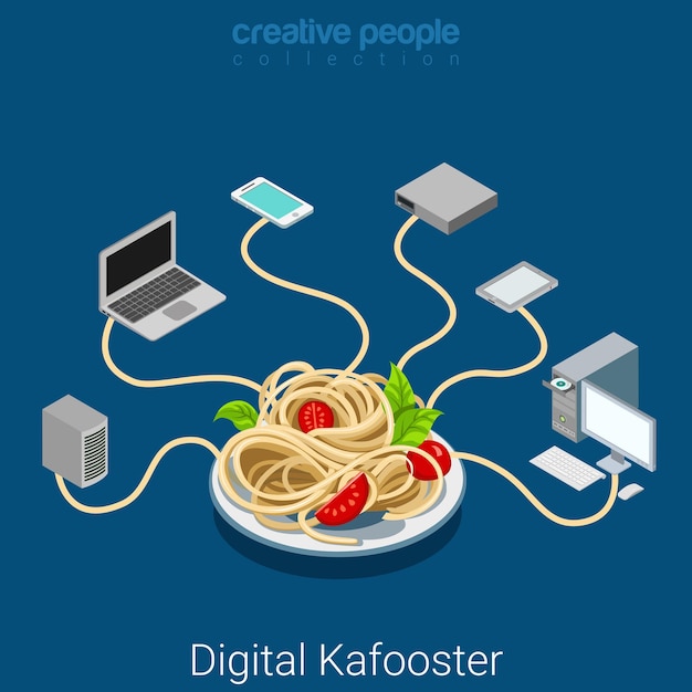 Kafooster digitale giallo stampa mass media falsa rete di distribuzione. concetto di guerra informativo isometrico piatto tagliatelle che collegano dispositivi internet elettronici.