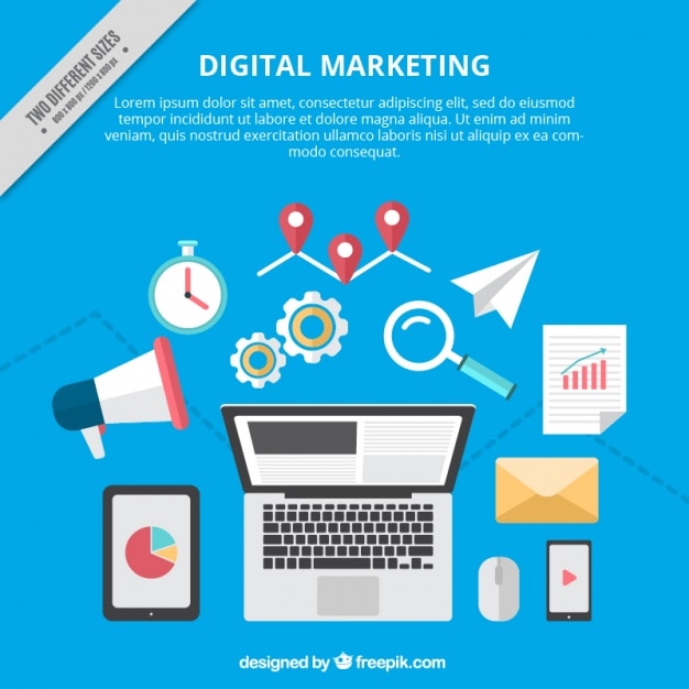 Digital marketing background with colorful tools