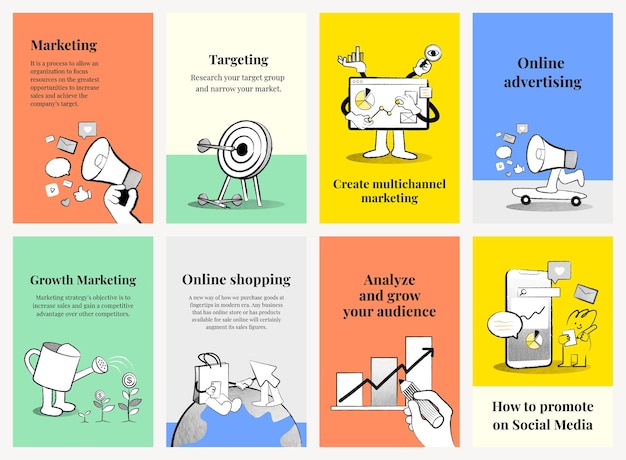 Modelli di banner di marketing digitale illustrazioni colorate di doodle per la raccolta aziendale Vettore gratuito