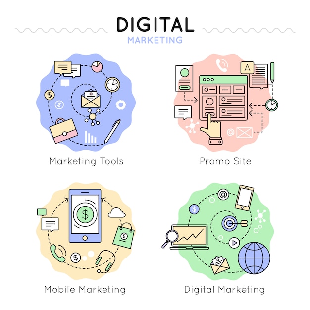 Insieme dell'icona colorato marketing digitale