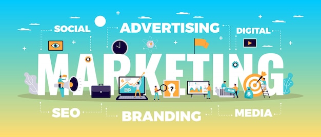 온라인 광고 및 미디어 기호 평면 디지털 마케팅 개념