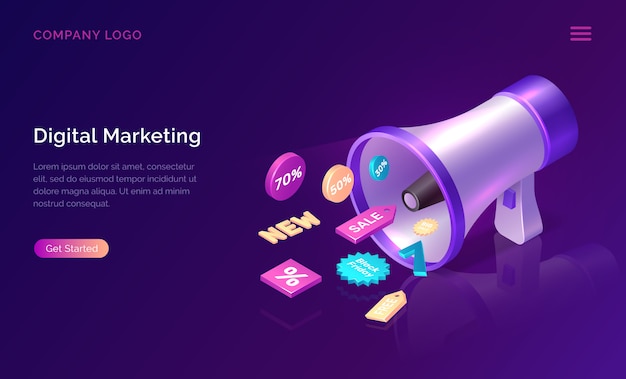 Digital Marketing Isometric Concept With Megaphone