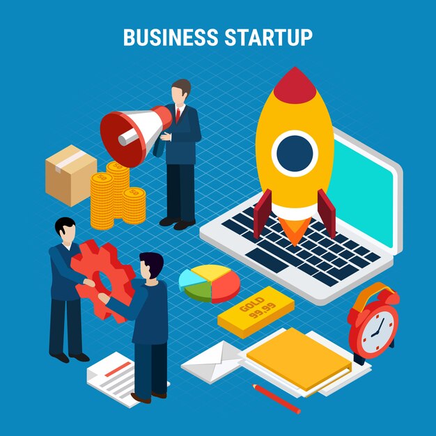 Digital marketing isometric with business startup tools on blue 3d illustration