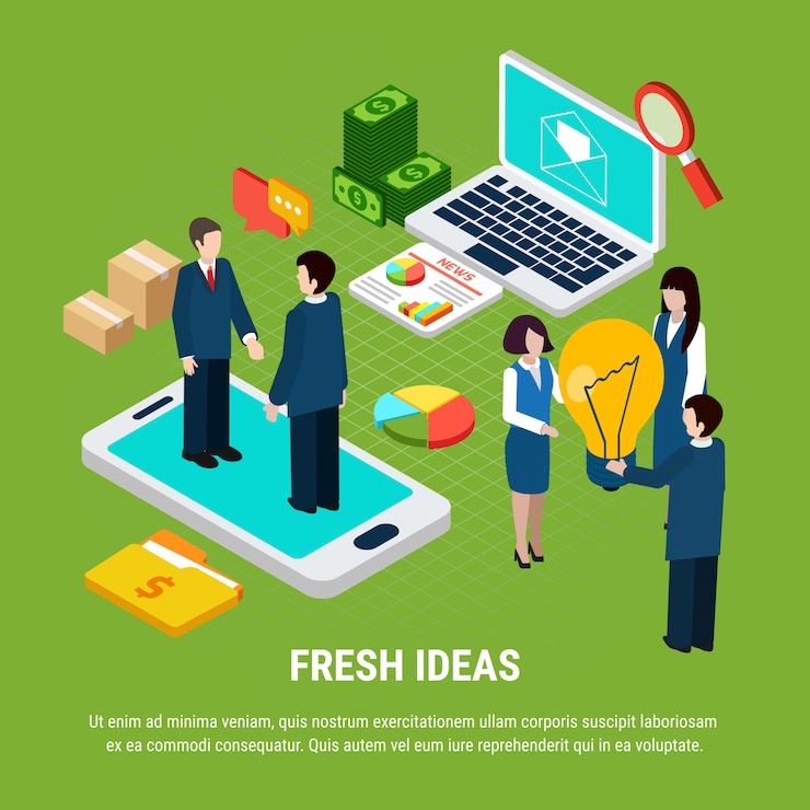 Free Vector digital marketing isometric with laptop smartphone and people sharing fresh ideas 3d illustration