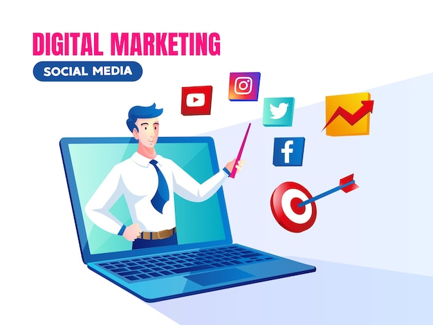 Digital marketing social media with a man and laptop symbol Premium Vector